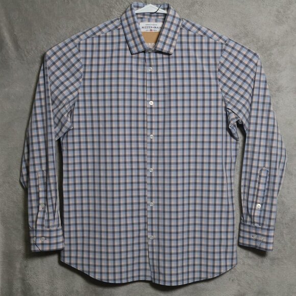 Mizzen Main Shirt Mens XL Trim Fit Blue Peach Plaid Leeward Performance Stretch - Picture 1 of 9